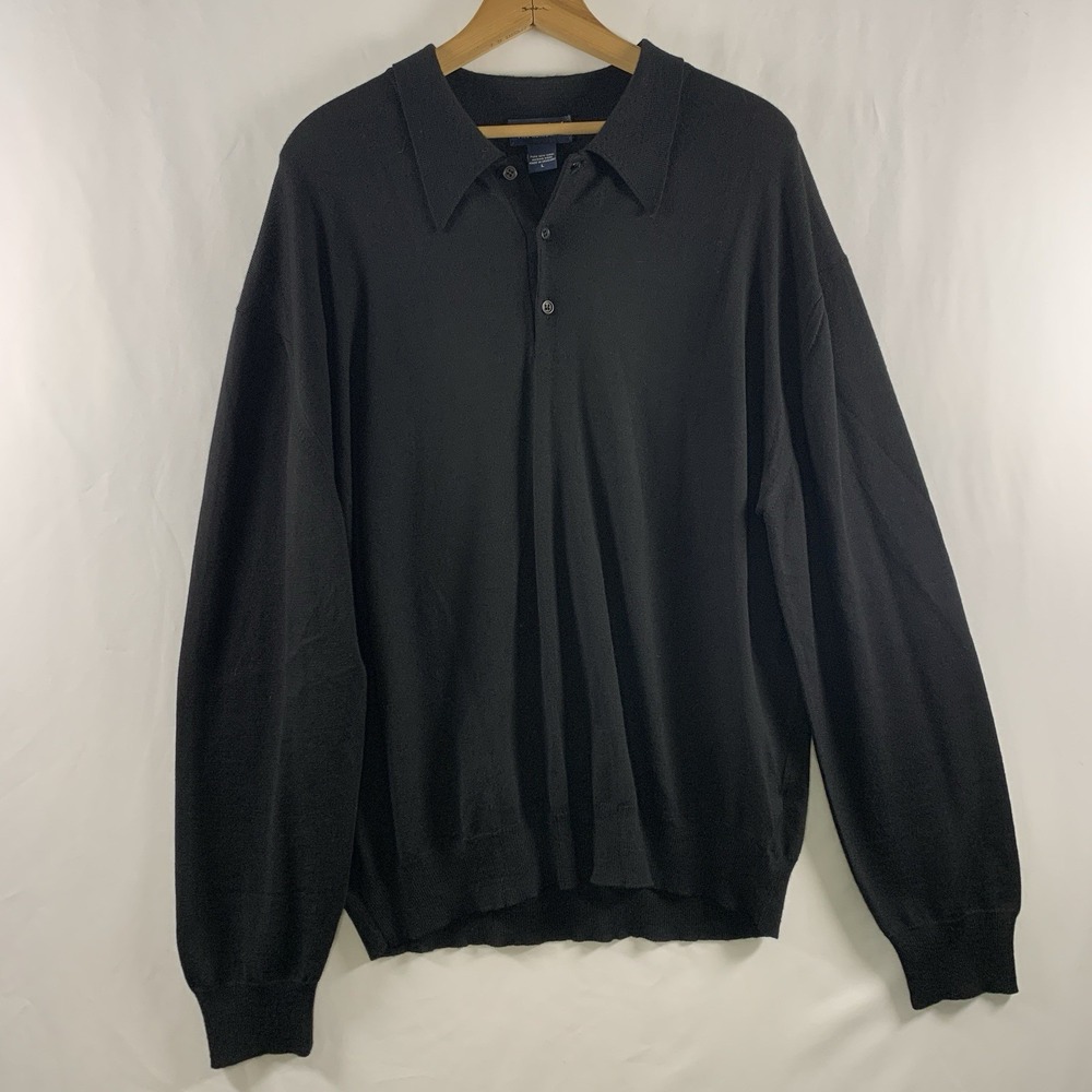 Paul Fredrick Mens Fine Merino Wool Polo Sweater Size L Black Lightweight Preppy